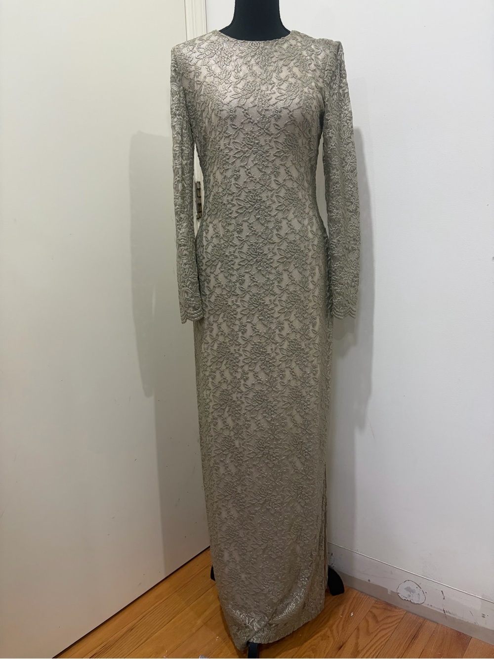Ralph Lauren Long-Sleeve Lace Evening Gown in Champagne Silver
